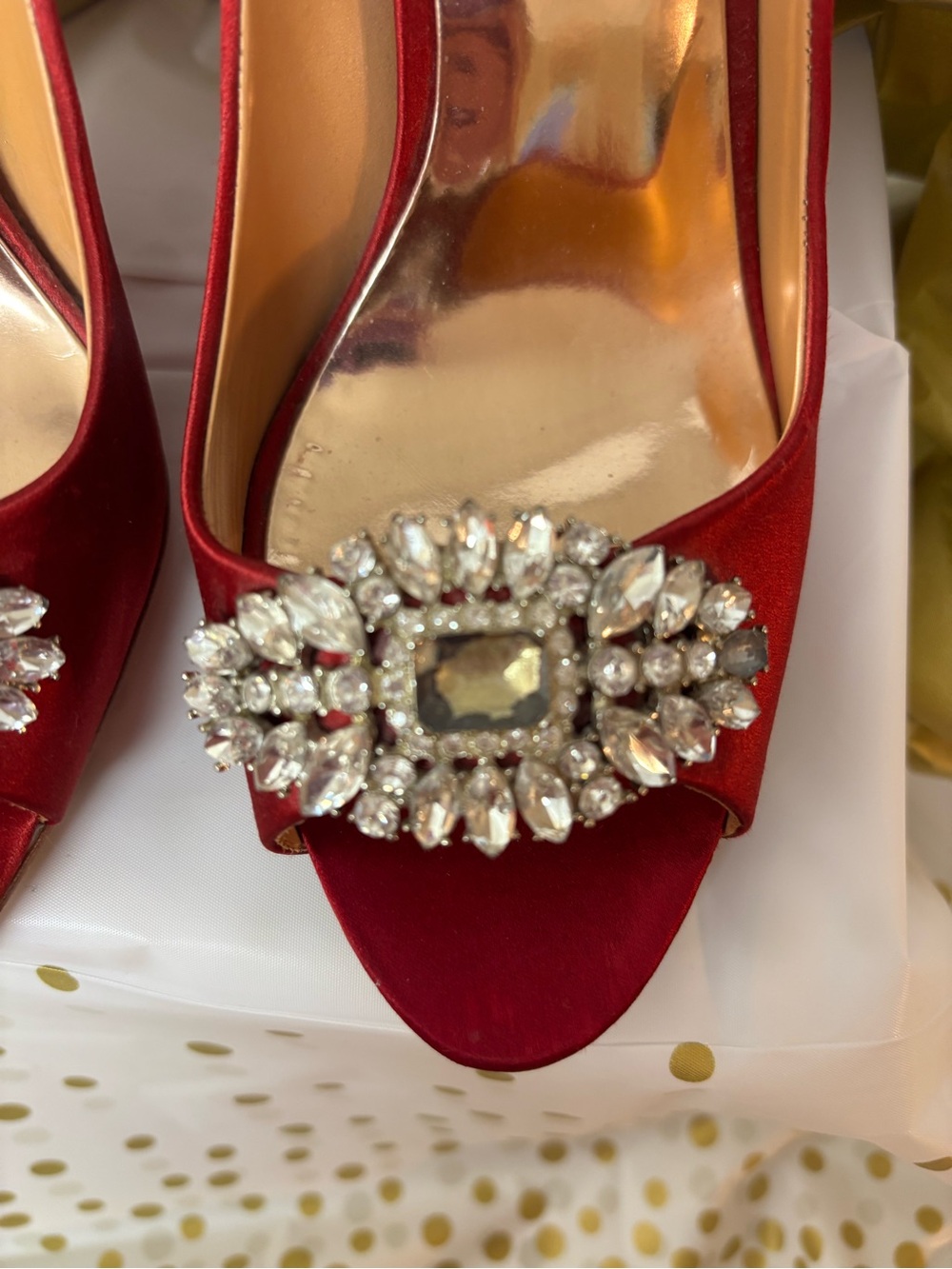 Badgley Mischka Red Satin Crystal-Embellished Peep-Toe Heels - Picture 3 of 3